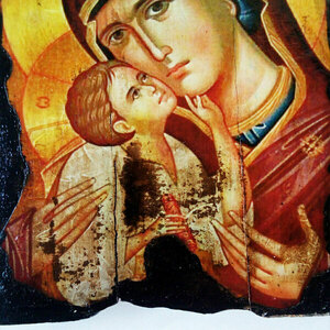 Παναγία Γλυκοφιλούσα Παλαιωμένη Εικόνα Σε Σανίδια 19x30cm - πίνακες & κάδρα, πίνακες ζωγραφικής, εικόνες αγίων - 4