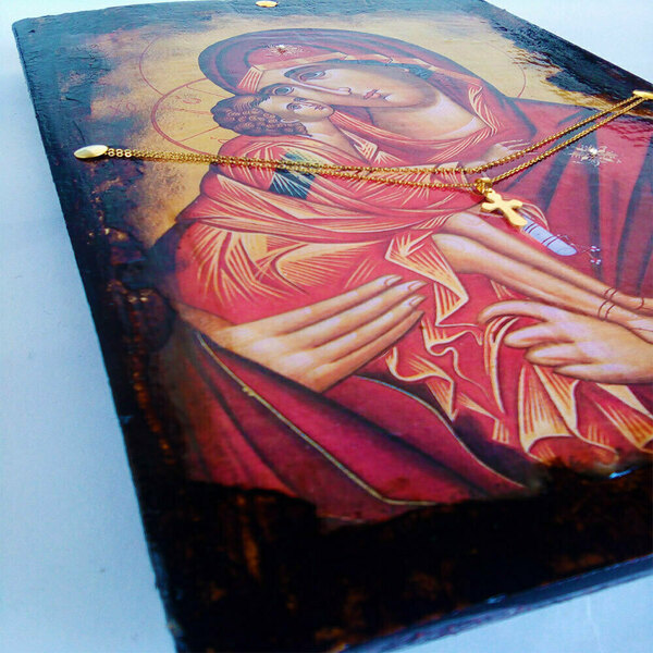 Παναγία Γλυκοφιλούσα Εικόνα Σε Ξύλο Με Χρυσό Σταυρό 22x33cm - πίνακες & κάδρα, πίνακες ζωγραφικής, εικόνες αγίων - 4