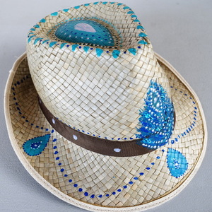 Ζωγραφισμένο Ψάθινο Καπέλο "Blue Feather" - ψάθινα - 2