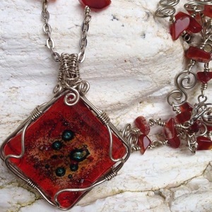 Κολιέ “fused” κόκκινο - ημιπολύτιμες πέτρες, γυαλί, χαλκός, μακριά, boho - 4