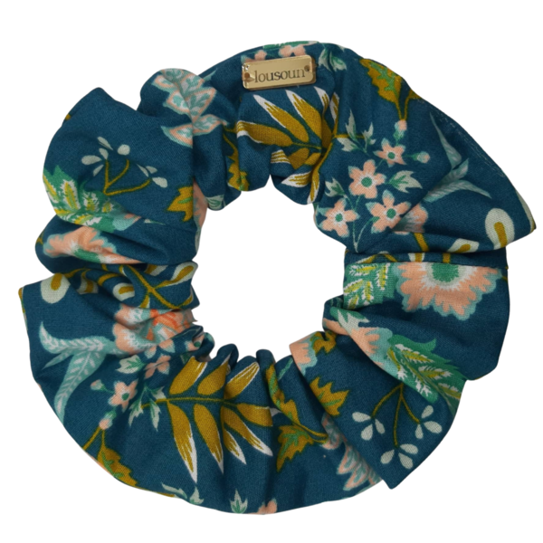 Scrunchie classic floral μπλε - ύφασμα, χειροποίητα, φλοράλ, λαστιχάκια μαλλιών