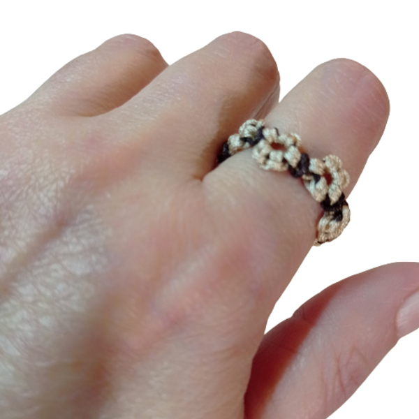Δαχτυλίδι Μακραμέ Λουλούδι (Μπέζ-Καφέ) - ημιπολύτιμες πέτρες, γυναικεία, μακραμέ, minimal, σταθερά - 3
