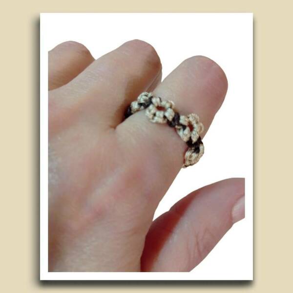Δαχτυλίδι Μακραμέ Λουλούδι (Μπέζ-Καφέ) - ημιπολύτιμες πέτρες, γυναικεία, μακραμέ, minimal, σταθερά - 2