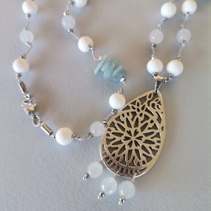 Κολιέ Ροζάριο με Aquamarine, Λευκό Ὀνυχα και Jade - ημιπολύτιμες πέτρες, επάργυρα, μακριά, boho, ροζάριο - 5