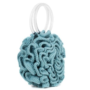 Χειροποίητη πλέκτη γαλάζια τσάντα σε σχήμα λουλουδι με ακρυλικά χεράκια - νήμα, χειρός, πλεκτές τσάντες - 2