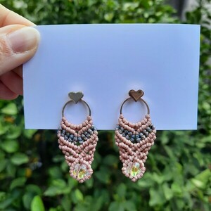 Macrame rose-gold σκουλαρίκια με πέτρα swarovski 4.5X2cm - swarovski, ατσάλι, κρεμαστά, καρφάκι - 2