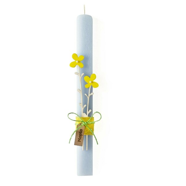 Προσωποποιημένη λαμπάδα με ξύλινα λουλούδια- αρωματική γαλάζια - 30 εκ. - λουλούδια, λαμπάδες, για εφήβους, προσωποποιημένα