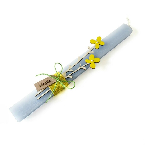 Προσωποποιημένη λαμπάδα με ξύλινα λουλούδια- αρωματική γαλάζια - 30 εκ. - λουλούδια, λαμπάδες, για ενήλικες, για εφήβους, προσωποποιημένα - 4