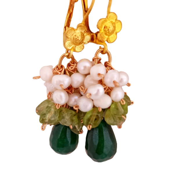 Πράσινα σκουλαρίκια με teardrops. - ημιπολύτιμες πέτρες, μαργαριτάρι, επιχρυσωμένα, κρεμαστά, μεγάλα