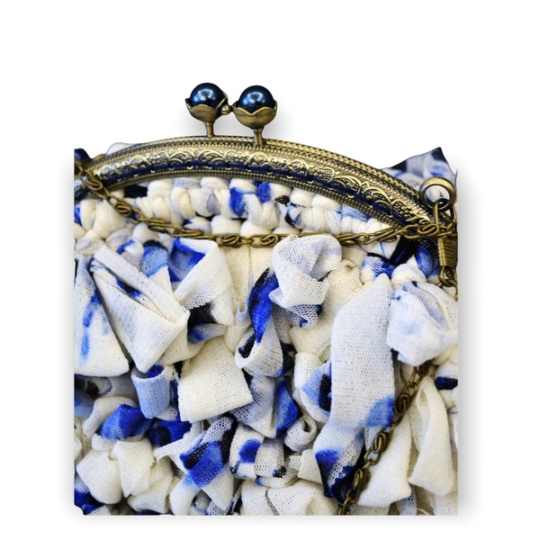 Χειροποίητη πλέκτη τσάντα από τούλινη κορδελα - ύφασμα, clutch, χιαστί, πλεκτές τσάντες - 2