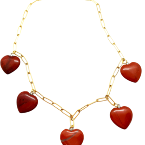 Κολιέ με ατσάλινη αλυσίδα σε χρυσό χρώμα και καφέ καρδιές από φυσική πέτρα - μήκος 40 εκ. - επιχρυσωμένα, καρδιά, χάντρες, κοντά, μενταγιόν