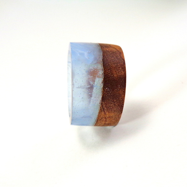Δαχτυλίδι απο Υγρό Γυαλί και Ξύλο σε Γαλάζιο - ξύλο, γυαλί, boho, σταθερά, μεγάλα - 2