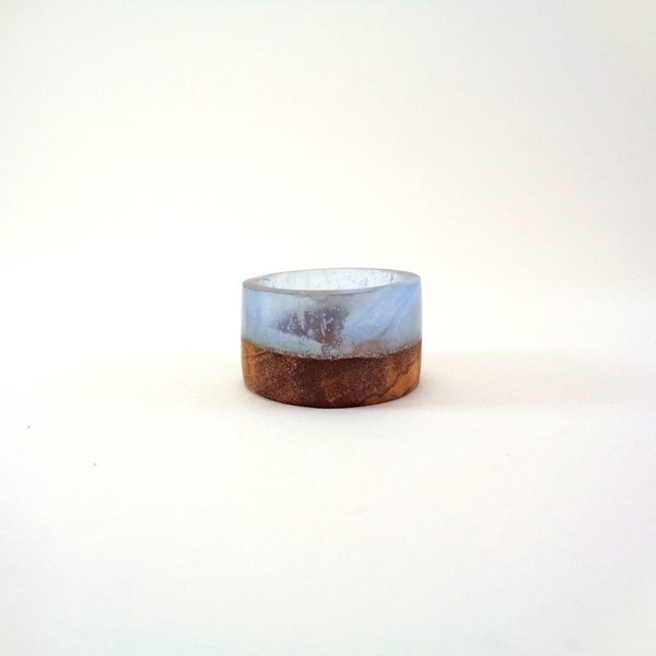 Δαχτυλίδι απο Υγρό Γυαλί και Ξύλο σε Γαλάζιο - ξύλο, γυαλί, boho, σταθερά, μεγάλα - 3