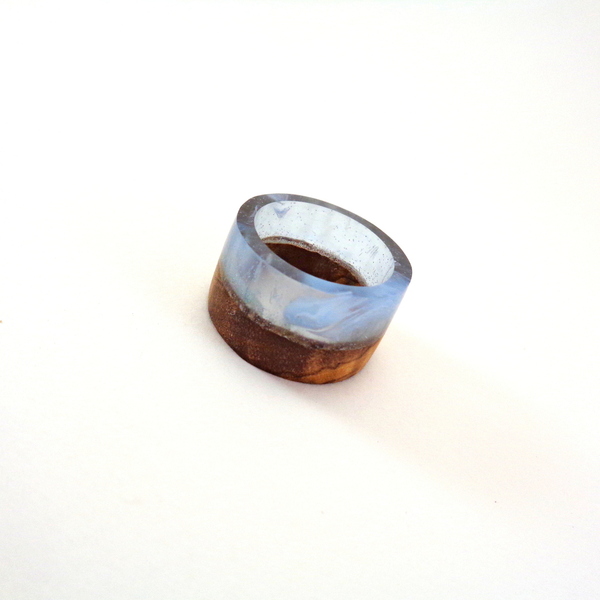 Δαχτυλίδι απο Υγρό Γυαλί και Ξύλο σε Γαλάζιο - ξύλο, γυαλί, boho, σταθερά, μεγάλα - 4