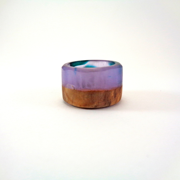 Δαχτυλίδι απο Υγρό Γυαλί και Ξύλο σε Μωβ και Πράσινο Χρώμα - ξύλο, γυαλί, boho, σταθερά, μεγάλα - 2