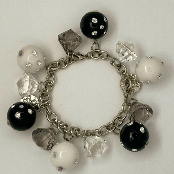 white and black bracelet - ασήμι, αλυσίδες, χάντρες, χεριού, αυξομειούμενα