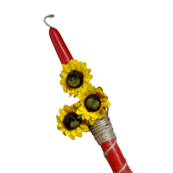 Λαμπάδα κλασσική κοκκινη 32 εκ με ηλιοτρόπια - λουλούδια, λαμπάδες, για ενήλικες, για εφήβους - 2