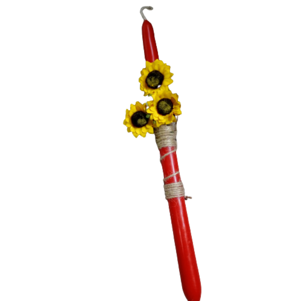 Λαμπάδα κλασσική κοκκινη 32 εκ με ηλιοτρόπια - λουλούδια, λαμπάδες, για ενήλικες, για εφήβους