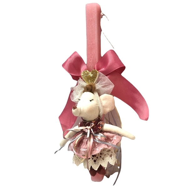 Λαμπάδα αρωματική παλαιό-ροζ με υφασμάτινη κούκλα ποντικούλα - κορίτσι, λαμπάδες, λούτρινα