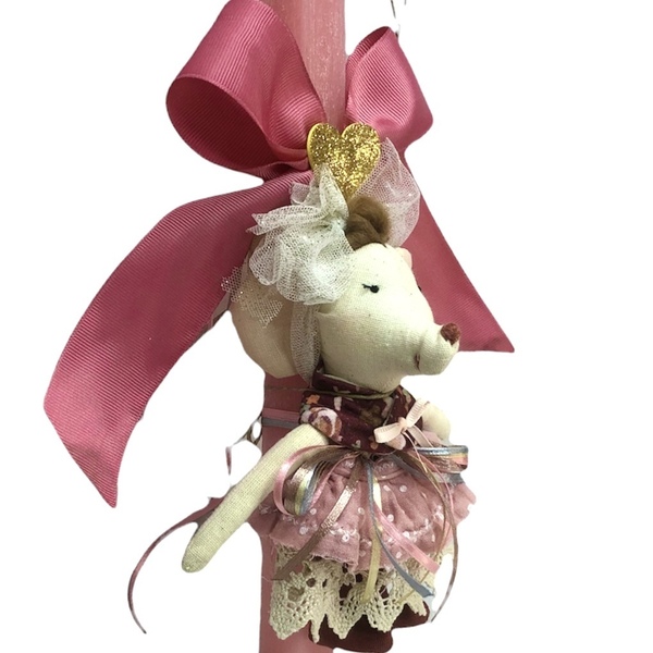 Λαμπάδα αρωματική παλαιό-ροζ με υφασμάτινη κούκλα ποντικούλα - κορίτσι, λαμπάδες, λούτρινα - 2