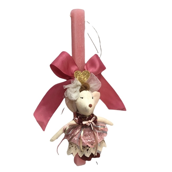 Λαμπάδα αρωματική παλαιό-ροζ με υφασμάτινη κούκλα ποντικούλα - κορίτσι, λαμπάδες, λούτρινα - 3