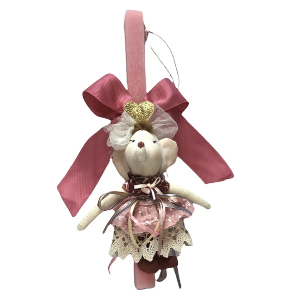 Λαμπάδα αρωματική παλαιό-ροζ με υφασμάτινη κούκλα ποντικούλα - κορίτσι, λαμπάδες, λούτρινα - 5