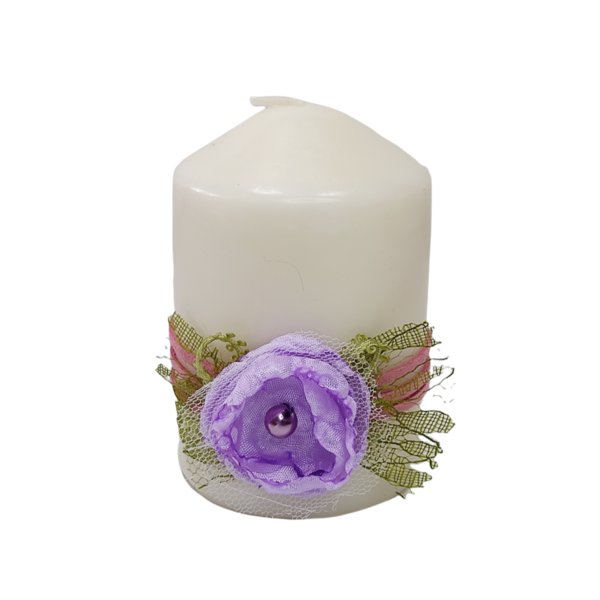 Διακοσμητικό κερί λευκό με μωβ λουλούδι Ύψος 10 cm - λουλούδια, ρεσώ & κηροπήγια, κερί, πασχαλινά δώρα, διακόσμηση σαλονιού