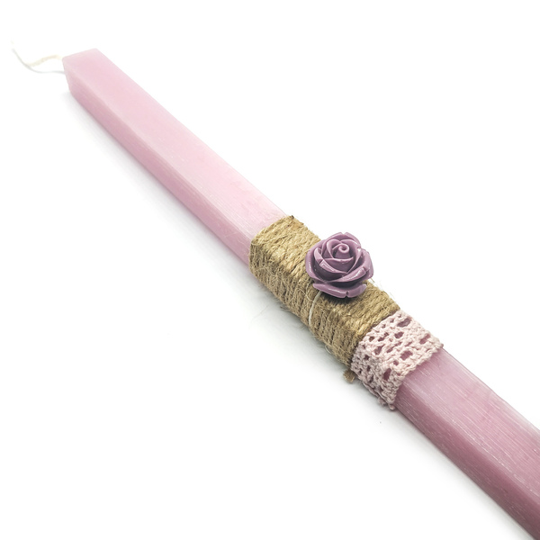 Αρωματική ροζ λαμπάδα 30cm διακοσμημένη με μωβ λουλούδι - κορίτσι, λαμπάδες, για ενήλικες, για εφήβους