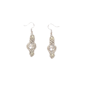 Macrame σκουλαρίκια με πέτρα swarovski και πέρλες 5.5Χ1.5cm - swarovski, ατσάλι, κρεμαστά, γάντζος