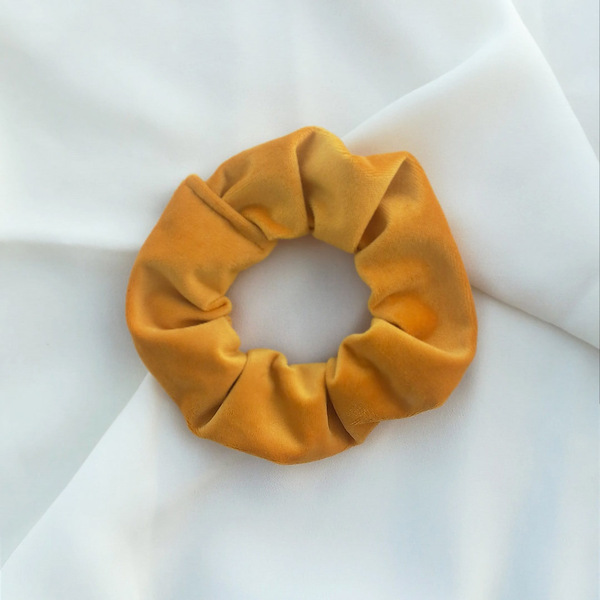 Yellow velvet petal scrunchie - ύφασμα, βελούδο, λαστιχάκια μαλλιών