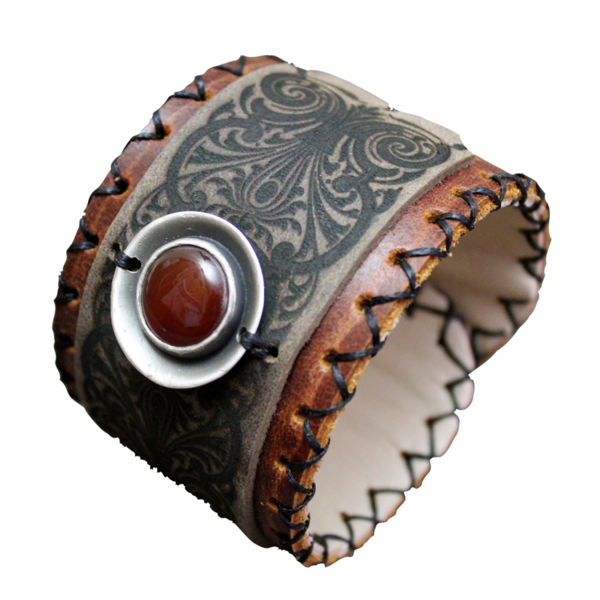Φαρδύ Καφέ - Γκρι Γυναικείο Δερμάτινο Βραχιόλι με ασήμι 925 Κορνεόλη, 22 Χ 6 εκ - δέρμα, ημιπολύτιμες πέτρες, ασήμι 925, αυξομειούμενα, φαρδιά