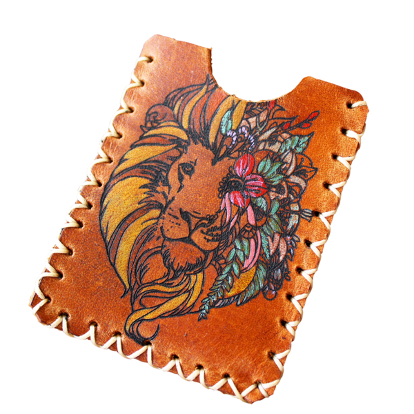 Γυναικείο Δερμάτινο Πορτοφόλι Καρτών Λιοντάρι, Ζωγραφισμένο στο Χέρι - δέρμα, ζωγραφισμένα στο χέρι, γυναικεία, λιοντάρι