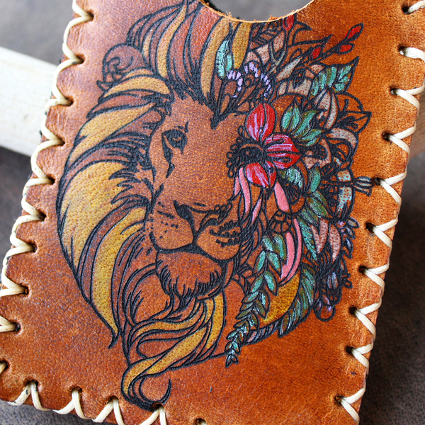 Γυναικείο Δερμάτινο Πορτοφόλι Καρτών Λιοντάρι, Ζωγραφισμένο στο Χέρι - δέρμα, ζωγραφισμένα στο χέρι, γυναικεία, λιοντάρι - 3