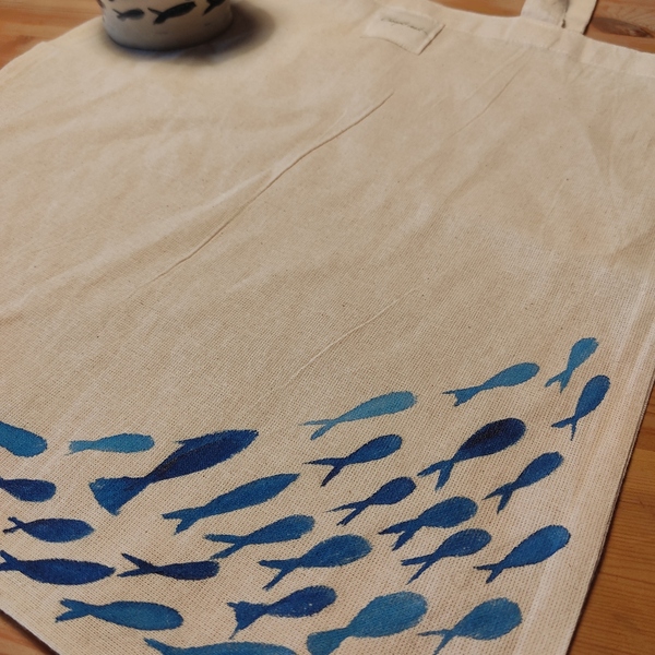 Πάνινη τσάντα Blue fish - ύφασμα, ώμου, tote - 3