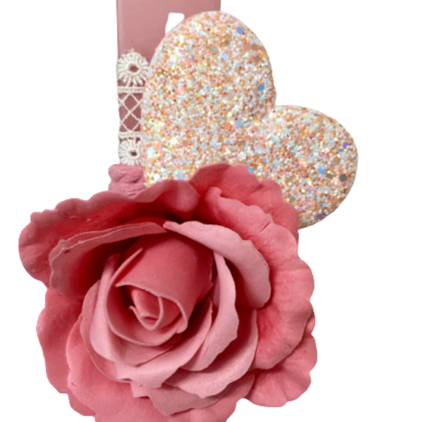 Λαμπάδα με τριαντάφυλλο σαπούνι και μεγάλη καρδιά με glitter - κορίτσι, τριαντάφυλλο, λουλούδια, λαμπάδες, αρωματικό σαπούνι - 2