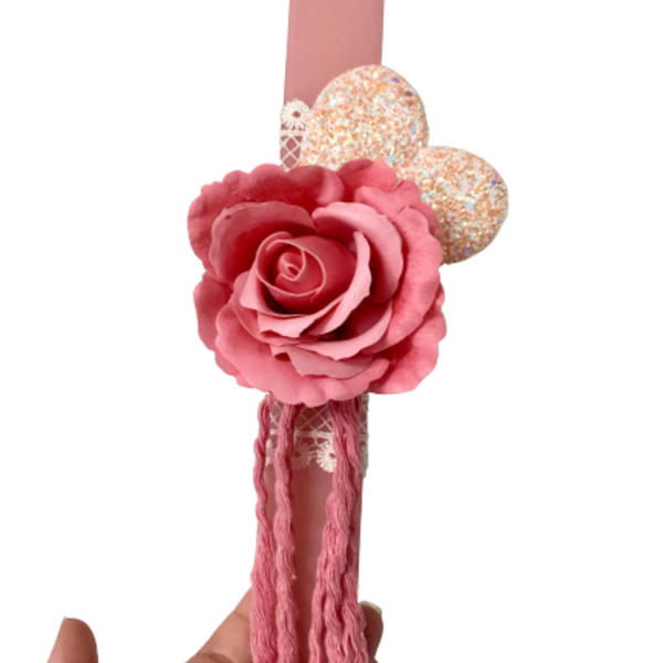 Λαμπάδα με τριαντάφυλλο σαπούνι και μεγάλη καρδιά με glitter - κορίτσι, τριαντάφυλλο, λουλούδια, λαμπάδες, αρωματικό σαπούνι - 3