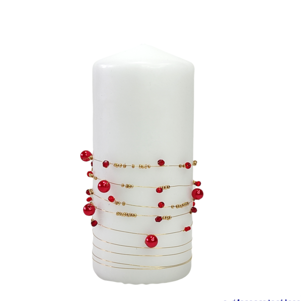 Κερί άοσμο λευκό με κόκκινες πέρλες Yψος 15cm - ρεσώ & κηροπήγια, πέρλες, διακοσμητικά, διακόσμηση σαλονιού - 2
