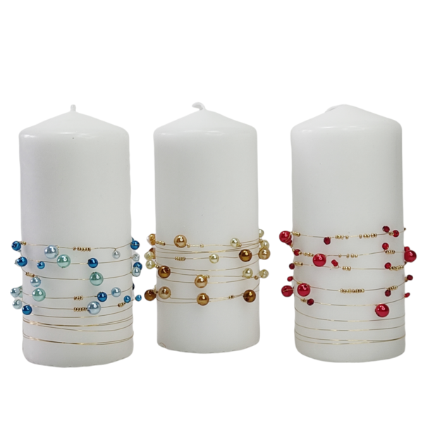 Κερί άοσμο λευκό με κόκκινες πέρλες Yψος 15cm - ρεσώ & κηροπήγια, πέρλες, διακοσμητικά, διακόσμηση σαλονιού - 3