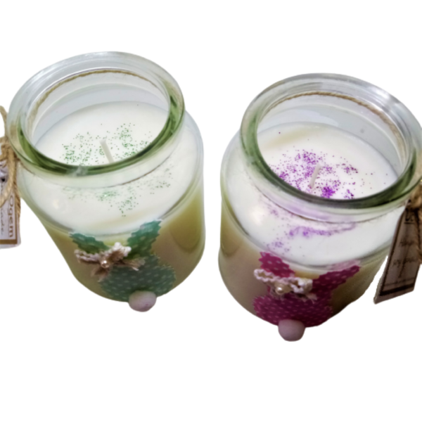 Σετ 2 τεμ. χειροποίητα κερία σόγιας με ανοιξιάτικα αρώματα σε γυάλινα βάζάκια με καπάκι και ροζ & βραμάν λαγουδάκι ( 340 ml + 340 ml ) - αρωματικά κεριά, αρωματικό, σόγια, soy wax - 5