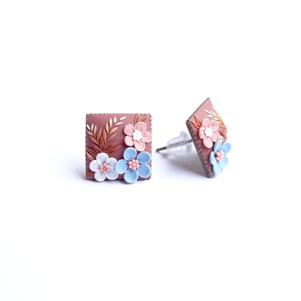 Τετράγωνα σκουλαρίκια καρφωτά κεραμιδί με λουλούδια από πολυμερή πηλό, 12mm - vintage, πηλός, λουλούδι, καρφωτά, καρφάκι