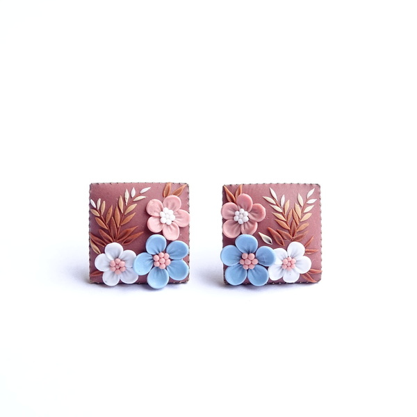 Τετράγωνα σκουλαρίκια καρφωτά κεραμιδί με λουλούδια από πολυμερή πηλό, 12mm - vintage, πηλός, λουλούδι, καρφωτά, καρφάκι - 3
