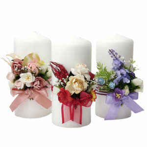 Κερί λευκό με μωβ λουλούδια Yψος 15cm - λουλούδια, ρεσώ & κηροπήγια, διακοσμητικά, διακόσμηση σαλονιού - 4