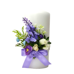 Κερί λευκό με μωβ λουλούδια Yψος 15cm - λουλούδια, ρεσώ & κηροπήγια, διακοσμητικά, διακόσμηση σαλονιού