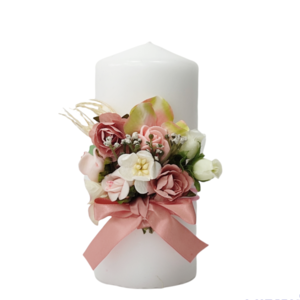 Κερί λευκό με ροζ λουλούδια Yψος 15cm - λουλούδια, ρεσώ & κηροπήγια, διακοσμητικά, διακόσμηση σαλονιού