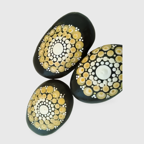Σετ 3 πετρών, ζωγραφισμένων με τεχνική Mandala - χρυσο - ζωγραφισμένα στο χέρι, πέτρα, διακοσμητικές πέτρες, σετ δώρου - 3