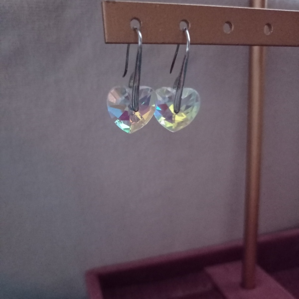 Επαργυρωμενα σκουλαρικια απο ορειχαλκο με κρυσταλλα rainbow μηκος 3 cm - ορείχαλκος, καρδιά, επάργυρα, swarovski, κρεμαστά - 3