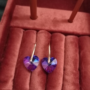 Επαργυρωμενα σκουλαρικια απο ορειχαλκο με μωβ κρυσταλλα μηκος 3 cm - ορείχαλκος, καρδιά, επάργυρα, swarovski, κρεμαστά - 4