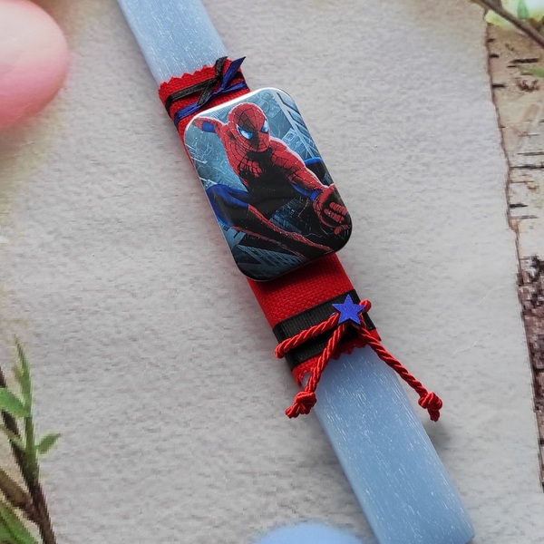 Αρωματική γαλάζια πλακέ λαμπάδα 30cm με κονκάρδα άνθρωπος αράχνη - αγόρι, λαμπάδες, για παιδιά, σούπερ ήρωες - 5