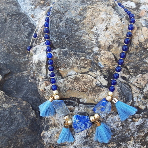 Κολιέ με ακατεργαστες πέτρες lapis lazuli και μπλε άχατες. - ημιπολύτιμες πέτρες, αχάτης, επιχρυσωμένα, μακριά - 4