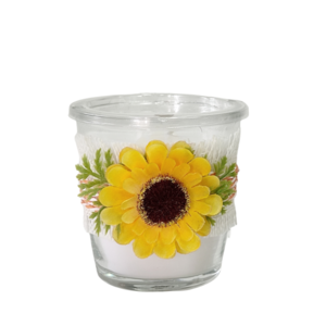 Αρωματικό κερί σε ποτήρι με διακόσμηση κίτρινο λουλούδι - χειροποίητα, πασχαλίτσα, αρωματικά κεριά, πασχαλινή διακόσμηση